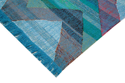 Handmade Area Rug – Blue Geometric Cotton Wool Rug 8'5''x13'0'' Durable Soft Carpet