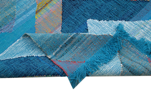 Handmade Area Rug – Blue Geometric Cotton Wool Rug 8'5''x13'0'' Durable Soft Carpet