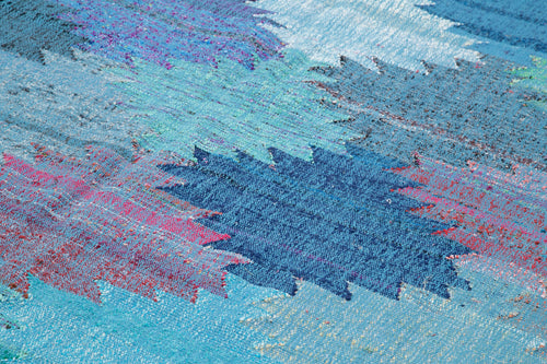 Handmade Area Rug - Blue Geometric Cotton Wool Vintage Handwoven Carpet 8'2'' x 14'5''