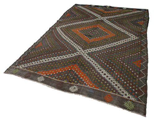 Geometric Kilim Brown Geometric Goat Hair Handmade Rug 6'1'' x 9'9''