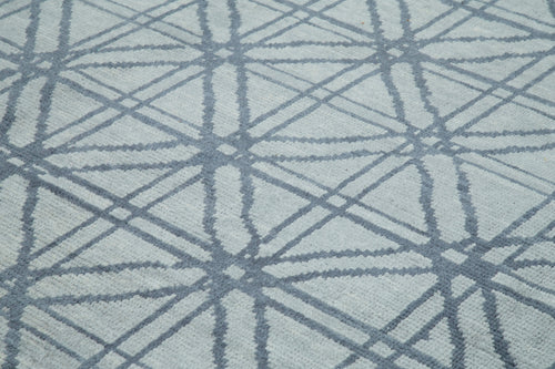 Purpleocco Blue Geometric Wool Cotton Handmade Rug 9'9'' x 13'8''