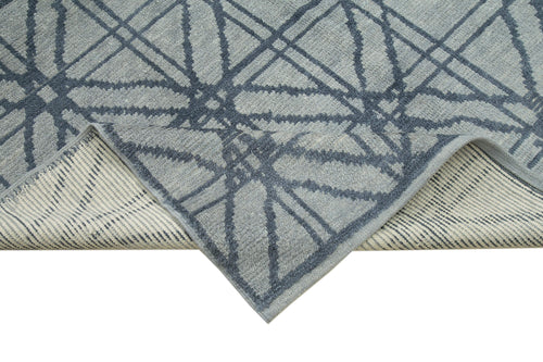 Purpleocco Blue Geometric Wool Cotton Handmade Rug 9'9'' x 13'8''