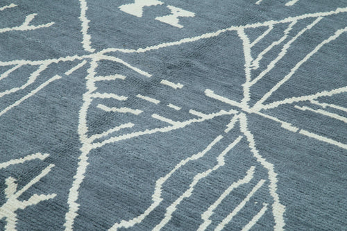 Purpleocco Blue Geometric Wool Cotton Handmade Rug 9'10'' x 13'11''