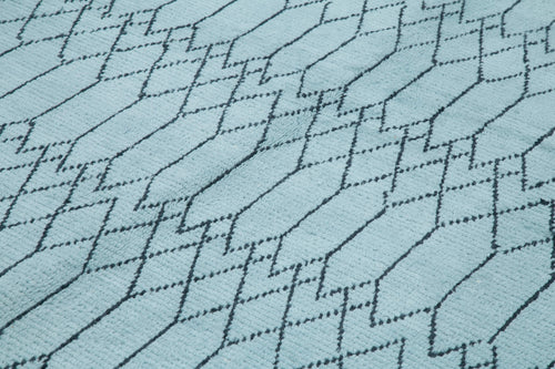 Purpleocco Blue Geometric Wool Cotton Handmade Rug 9'0'' x 11'11''