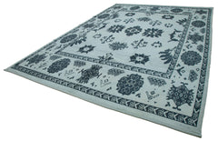 Purpleocco Blue Geometric Wool Cotton Handmade Rug 9'10'' x 14'1''
