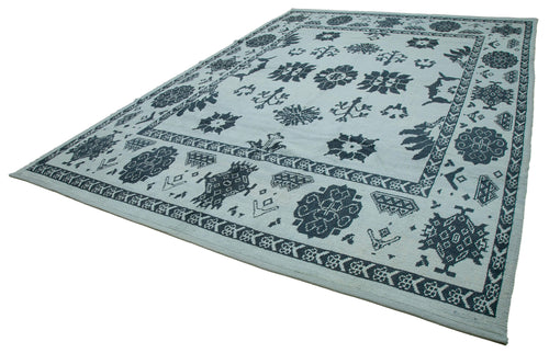 Purpleocco Blue Geometric Wool Cotton Handmade Rug 9'10'' x 14'1''