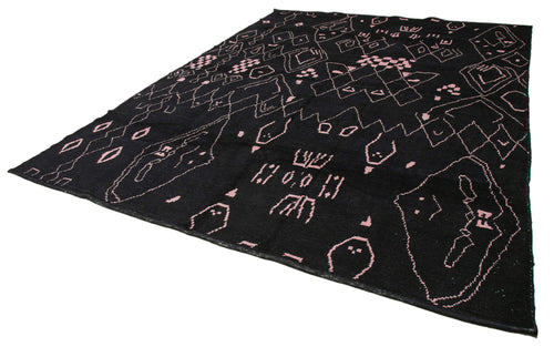 Purpleocco Black Geometric Wool Cotton Handmade Rug 9'3'' x 12'0''