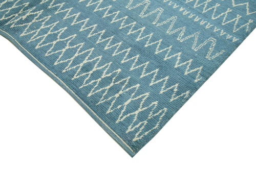 Purpleocco Blue Geometric Wool Cotton Handmade Rug 7'5'' x 10'0''