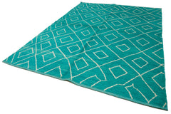 Purpleocco Turquoise Geometric Wool Cotton Handmade Rug 7'9'' x 10'4''