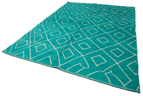 Purpleocco Turquoise Geometric Wool Cotton Handmade Rug 7'9'' x 10'4''
