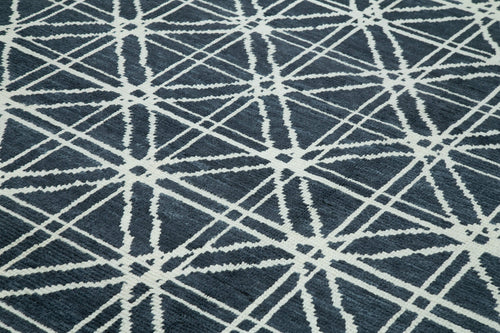 Purpleocco Blue Geometric Wool Cotton Handmade Rug 8'9'' x 12'7''