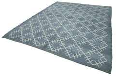 Purpleocco Blue Geometric Wool Cotton Handmade Rug 9'1'' x 11'7''