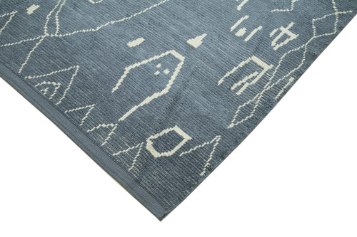 Purpleocco Blue Geometric Wool Cotton Handmade Rug 9'10'' x 14'1''