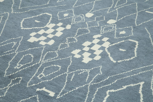 Purpleocco Blue Geometric Wool Cotton Handmade Rug 9'10'' x 14'1''