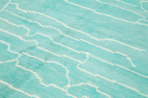 Purpleocco Turquoise Geometric Wool Cotton Handmade Rug 6'8'' x 10'10''