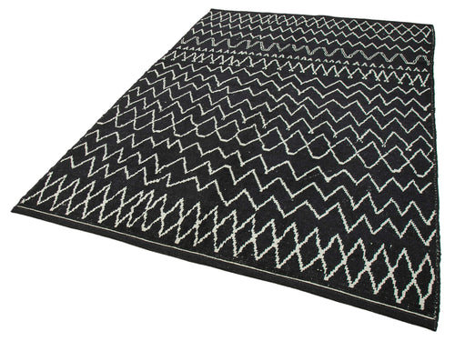 Purpleocco Black Geometric Wool Cotton Handmade Rug 6'1'' x 8'9''
