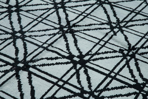 Purpleocco Blue Geometric Wool Cotton Handmade Rug 8'6'' x 12'4''
