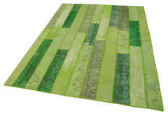 Handmade Area Rug - Green Patchwork Turkish Wool Carpet 5'9" x 8'0"