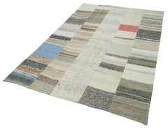 Handmade Area Rug - Turkish Patchwork Cotton Wool Neutral Beige Carpet 5'7''x8'6''