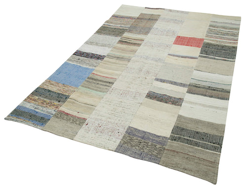 Handmade Area Rug - Turkish Patchwork Cotton Wool Neutral Beige Carpet 5'7''x8'6''