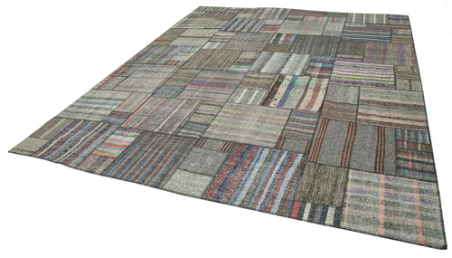 Handmade Area Rug – Grey Patchwork Carpet 10'9"x13'7" Durable Wool Cotton Weave