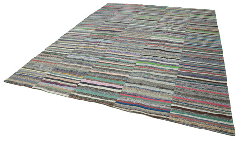 Handmade Area Rug - Kirk Yama Grey Patchwork Cotton Wool 10'x13'9'' Vintage Turkish Carpet