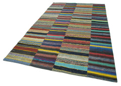 Handmade Area Rug - Turkish Patchwork Carpet 5'11''x9'7'' Grey Cotton Wool Blend