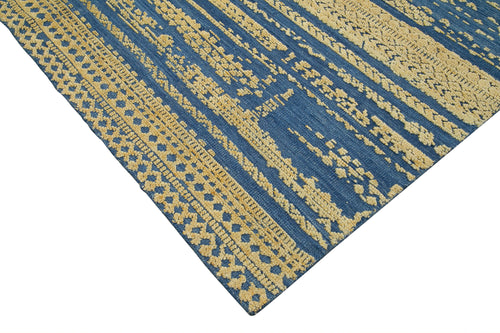 Purpleocco Blue Geometric Wool Cotton Handmade Rug 8'0'' x 10'0''