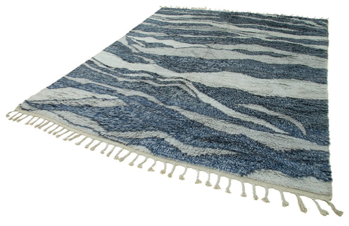 Purpleocco Blue Geometric Wool Cotton Handmade Rug 8'0'' x 10'3''