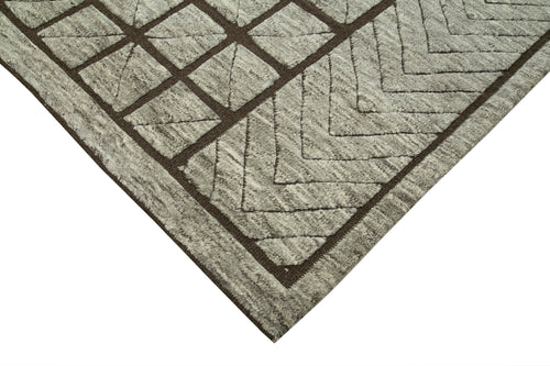 Purpleocco Brown Geometric Wool Cotton Handmade Rug 10'0'' x 14'0''