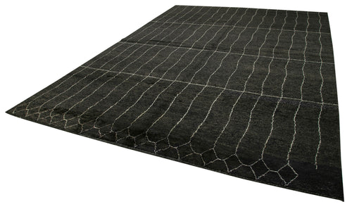 Purpleocco Black Geometric Wool Cotton Handmade Rug 10'0'' x 13'10''