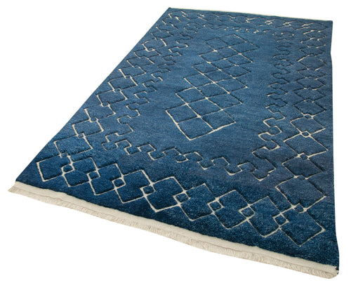 Purpleocco Blue Geometric Wool Cotton Handmade Rug 5'0'' x 8'0''