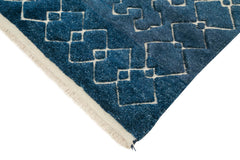 Purpleocco Blue Geometric Wool Cotton Handmade Rug 5'0'' x 8'0''