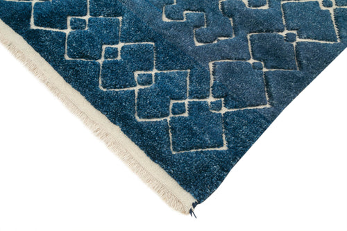 Purpleocco Blue Geometric Wool Cotton Handmade Rug 5'0'' x 8'0''