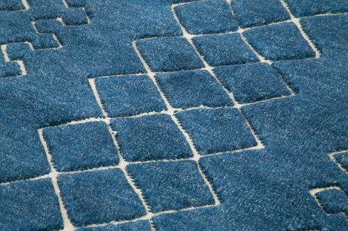 Purpleocco Blue Geometric Wool Cotton Handmade Rug 5'0'' x 8'0''