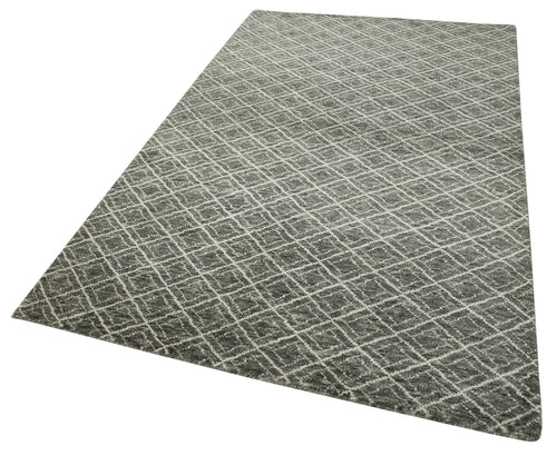 Purpleocco Grey Geometric Wool Cotton Handmade Rug 5'0'' x 8'0''