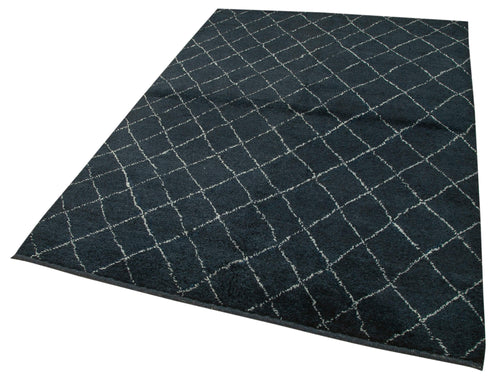 Purpleocco Blue Geometric Wool Cotton Handmade Rug 5'2'' x 7'0''