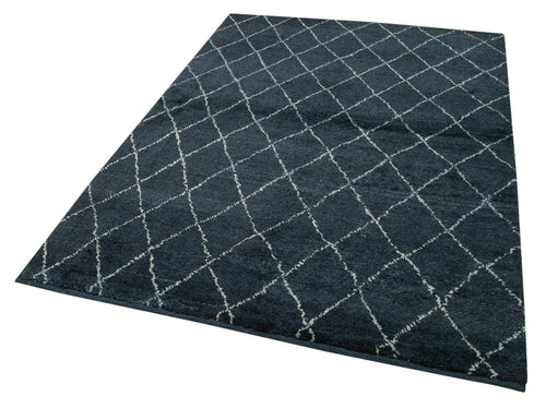 Purpleocco Blue Geometric Wool Cotton Handmade Rug 5'0'' x 7'0''