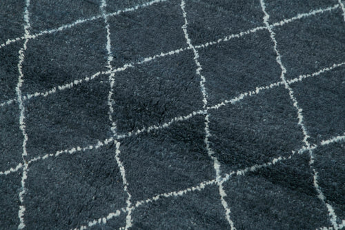 Purpleocco Blue Geometric Wool Cotton Handmade Rug 5'0'' x 7'0''