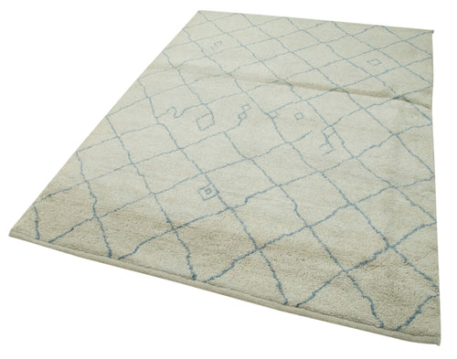 Purpleocco Beige Geometric Wool Cotton Handmade Rug 5'0'' x 7'0''