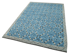 Purpleocco Blue Geometric Wool Cotton Handmade Rug 5'0'' x 8'0''