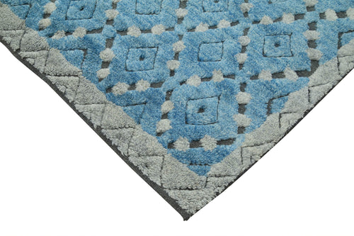 Purpleocco Blue Geometric Wool Cotton Handmade Rug 5'0'' x 8'0''