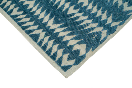 Purpleocco Blue Geometric Wool Cotton Handmade Rug 8'0'' x 10'1''
