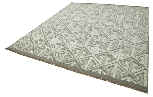 Purpleocco Grey Geometric Wool Cotton Handmade Rug 8'0'' x 10'0''