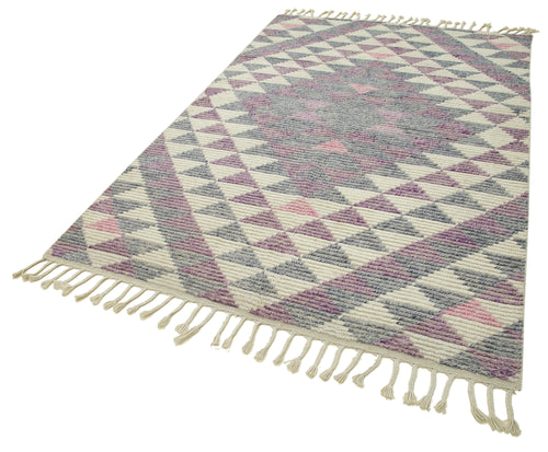 Purpleocco White Geometric Wool Cotton Handmade Rug 5'0'' x 8'0''