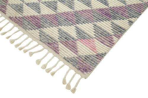 Purpleocco White Geometric Wool Cotton Handmade Rug 5'0'' x 8'0''