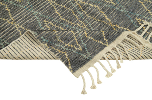 Purpleocco Grey Geometric Wool Cotton Handmade Rug 5'0'' x 8'0''