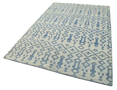 Purpleocco Blue Geometric Wool Cotton Handmade Rug 5'0'' x 8'0''