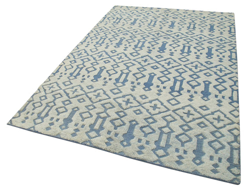 Purpleocco Blue Geometric Wool Cotton Handmade Rug 5'0'' x 8'0''