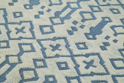 Purpleocco Blue Geometric Wool Cotton Handmade Rug 5'0'' x 8'0''